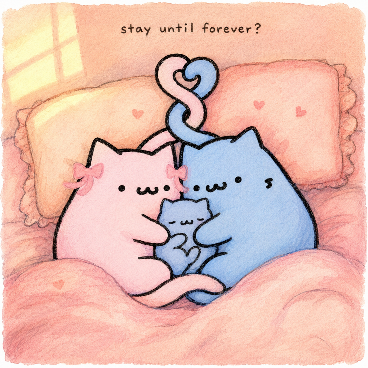 The tiny Nub tucked between the pink ribbon Nub and the blue Nub under a blanket.