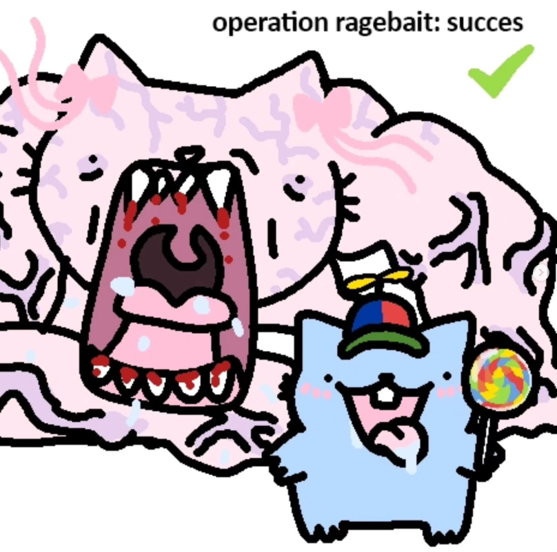 Cartoon chaos: the pink Nub screaming at enormous scale while the small blue Nub grins in a propeller hat holding a lollipop. Caption: operation ragebait, success.