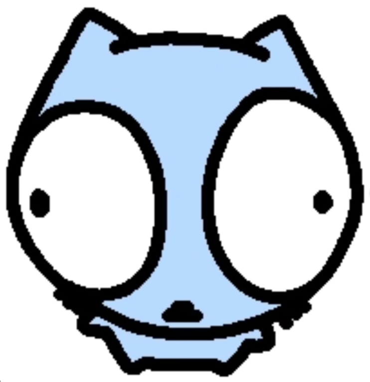 Close-up of the blue Nub's face with enormous round eyes, watching carefully.